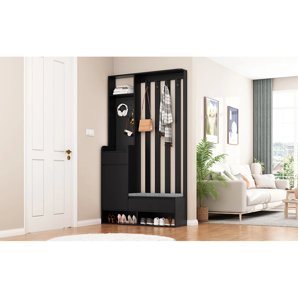 Kleidungsset mit Bank, multifunktionale Aufbewahrungsbank, offener Stauraum, 6 goldene Haken und Füße, geeignet für Flur, Wohnzimmer, Schwarz – Detail 37