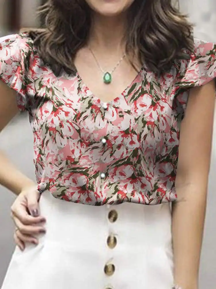 

ZANZEA/летняя рубашка в богемном стиле с оборками; Повседневные пляжные Блузы; Модная сорочка с цветочным принтом; Топы с v-образным вырезом; Блуза с короткими рукавами