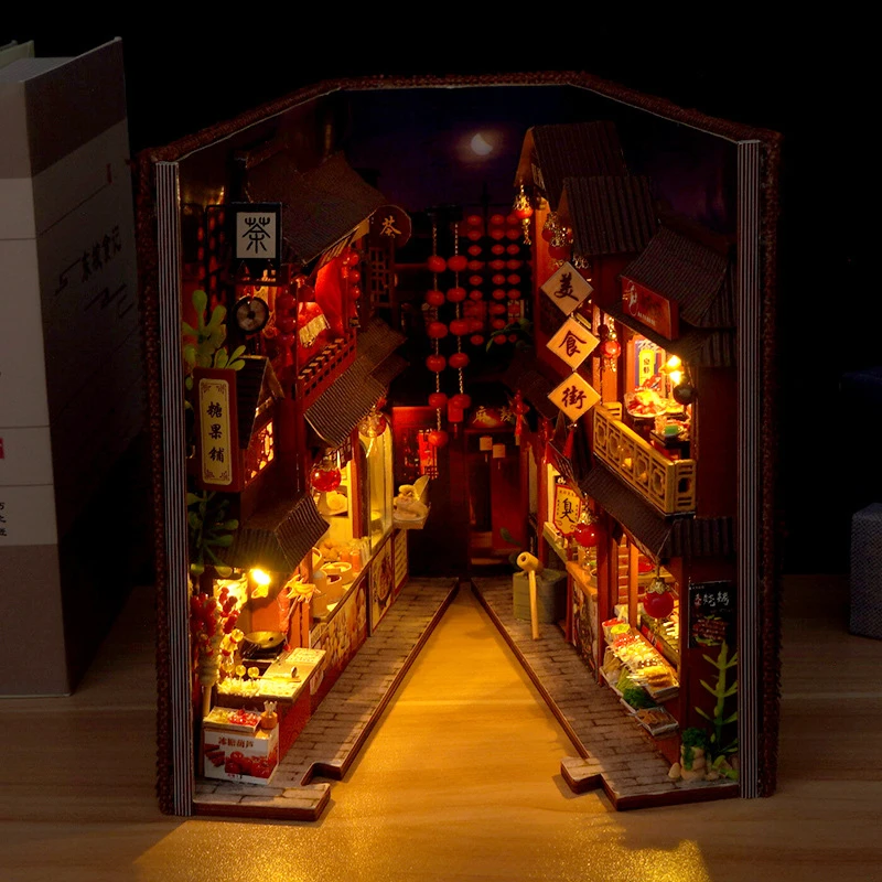DIY Book Nook Wooden Miniature Model Kit Chinese Food Street Casa Bookend 3D Puzzle With Light Bookshelf Home Decor Friends Gift 3