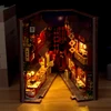 DIY Book Nook Wooden Miniature Model Kit Chinese Food Street Casa Bookend 3D Puzzle With Light Bookshelf Home Decor Friends Gift 3
