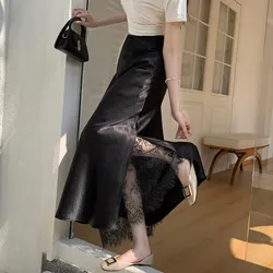 Elegant Lace Splicing Satin Side Slit Women's Midi Skirt - Slim High - End Fashion - M (Black)