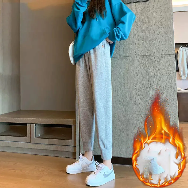 Women Trend Drawstring Elastic Waist Sports Pants 2023 Autumn Winter Simplicity Thick Solid Color Harem Pants Female Clothing