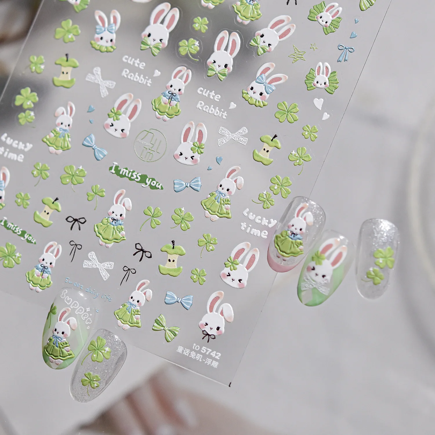 5D 네일 스티커 귀여운 토끼 녹색 잎 리본 버섯 꽃 나비 네일 참 스티커 셀프 접착 네일 아트 스티커