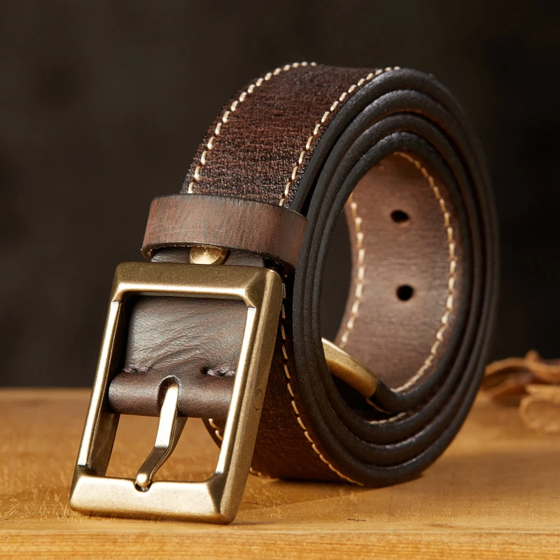 Handmade Thickened Vintage Genuine Leather Male Belt 100% Real Cowhide Leather Jeans Belt Retro Pure Cooper Pin Buckle Strap