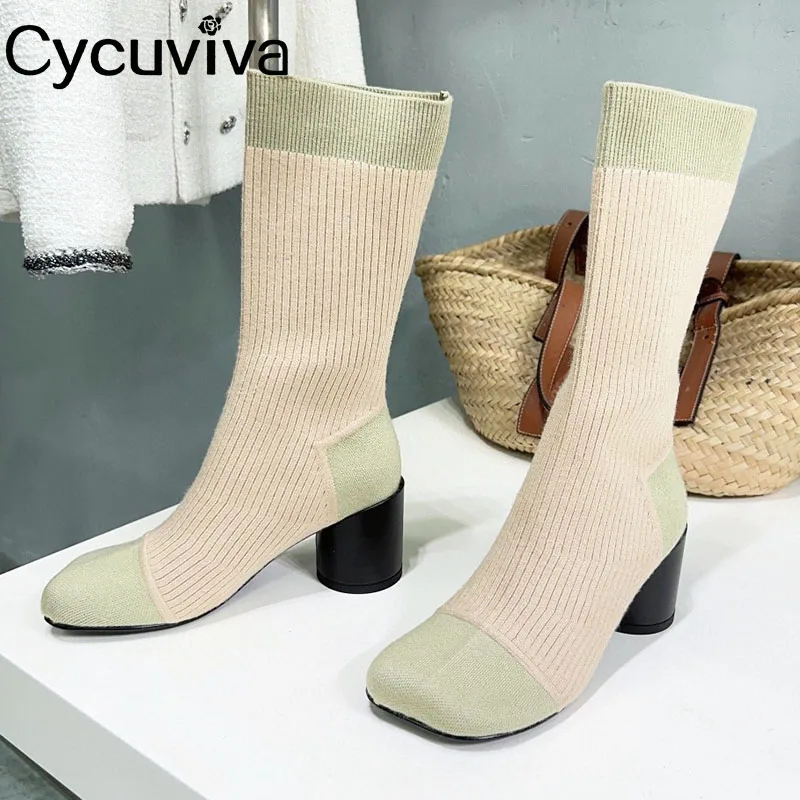 

Designer Brand Sock Boots Women Round Heel Knitted Long Boots Autumn Round Toe Party Shoes High Heel Thin Stretch Boots