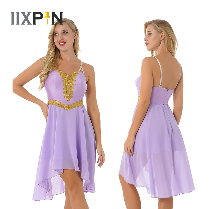 

Women Contemporary Lyrical Dance Costumes Sleeveless Chiffon Asymmetrical Hem Dance Dress Stage Performance Modern Dancewear