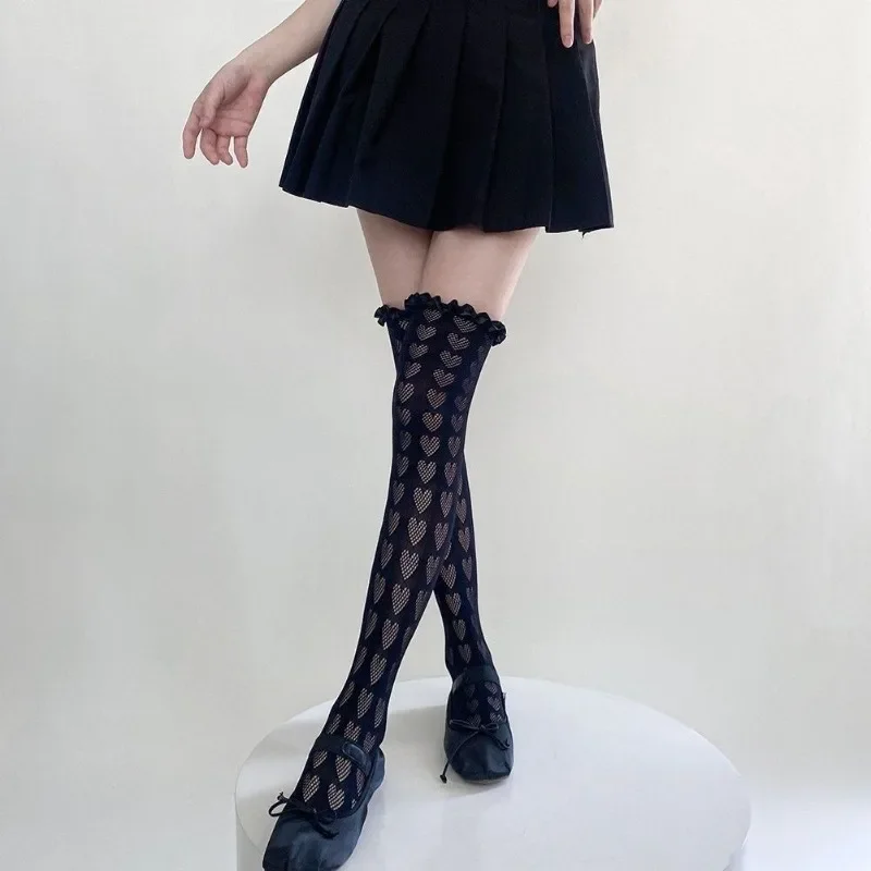 Kave Lolita Netzstrümpfe für Damen, Kawaii japanischer Stil, gerüschte, herzgestreifte, mit Spitze gemusterte Overknee-Strümpfe – Detail 6