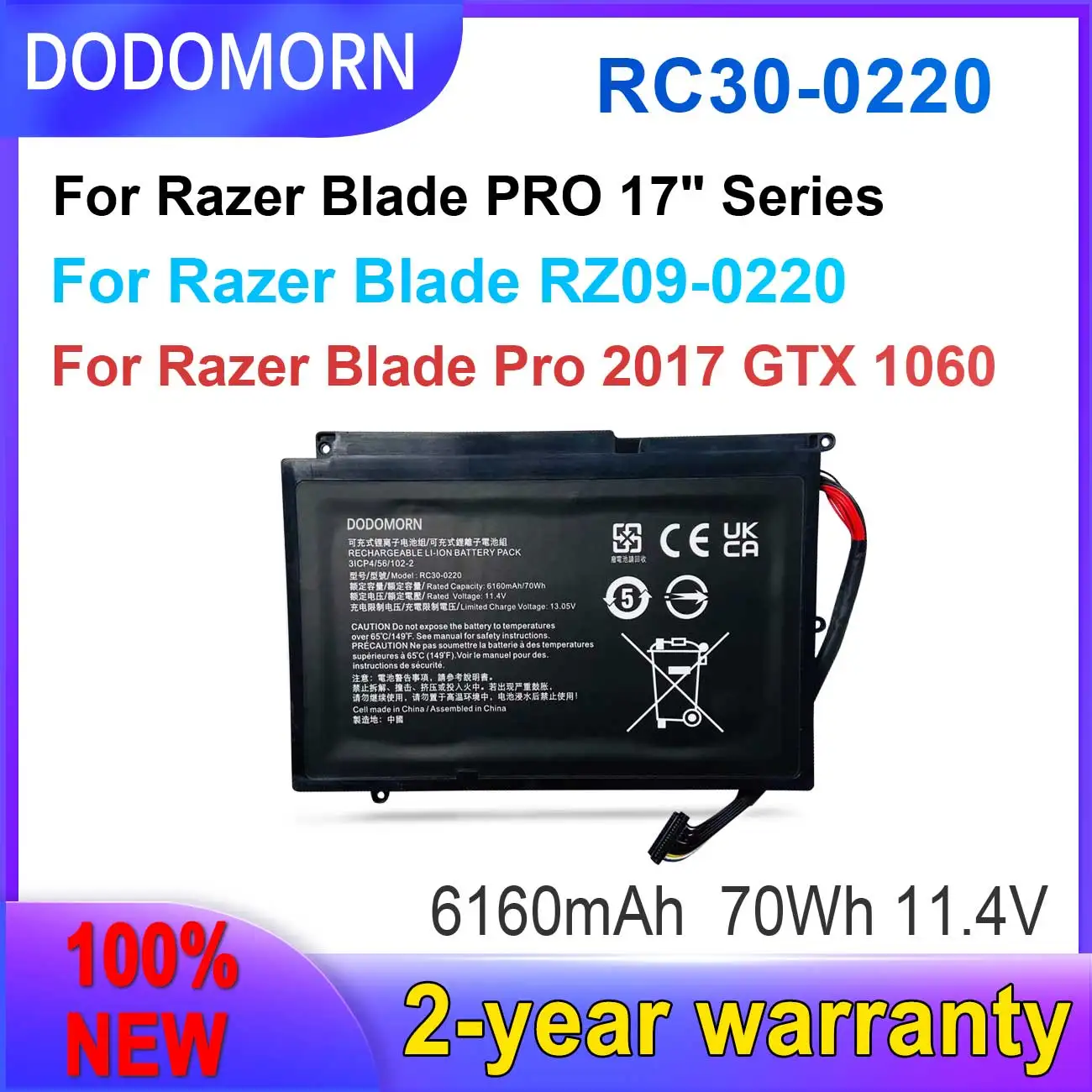 Dodomorn Nuova Batteria Rc30-0220 Per Razer Blade Pro 17 Gtx 1060 Rtx 2060 Rtx 2070 Rtx 2080 Rz09-02202E75-R3U1 Consegna Veloce
