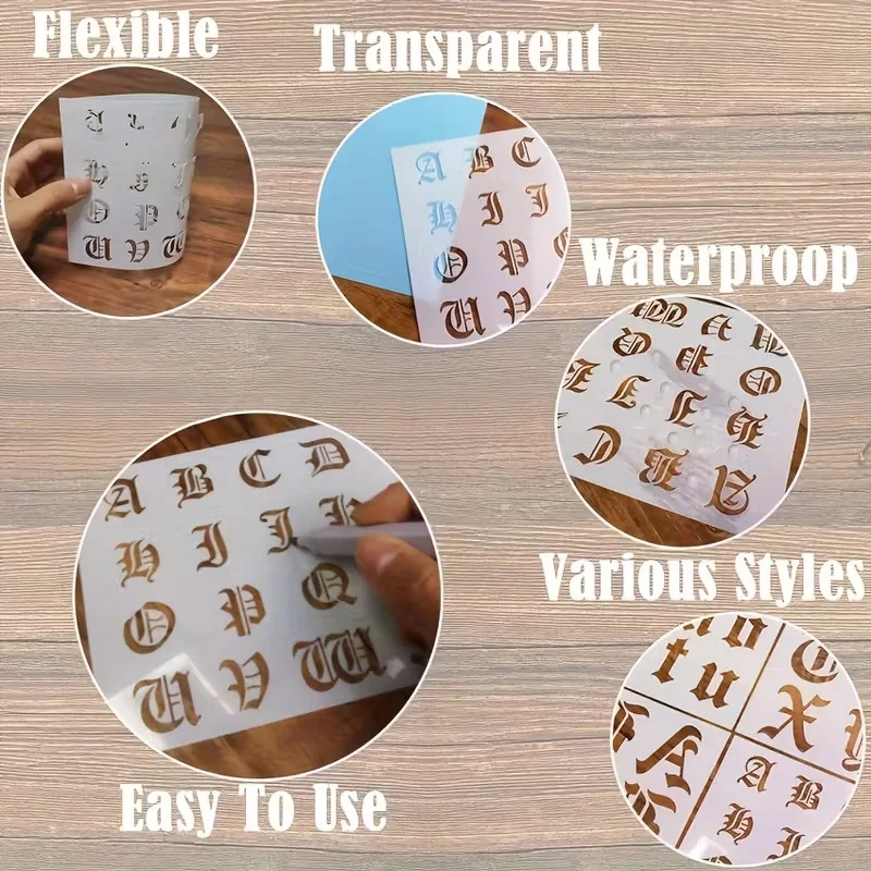 고딕 서예 스텐실, DIY 페인팅, 공예, 스크랩북킹을 위한 6팩 재사용 가능한 올드 잉글리시 문자 및 숫자 템플릿