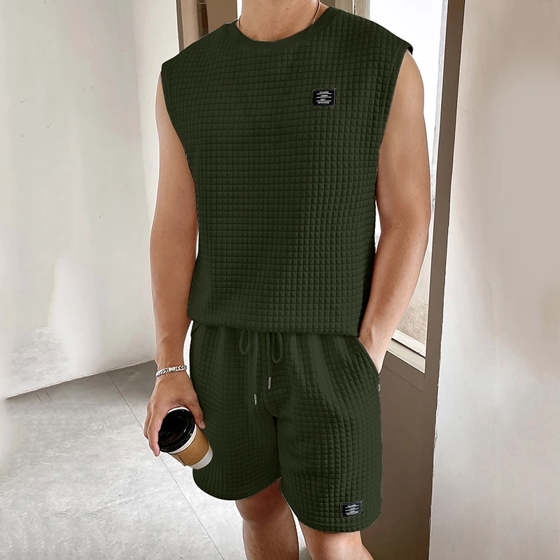 Casual Sleeveless O Neck Tops And Shorts Two Piece Suit Men's Clothing Summer Fashion Solid Waffed Sets Men Tracksuit Streetwear