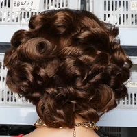 Perruque en dentelle 4x4 avec raie latérale, 8 pouces, couleur ombrée bicolore T1B/4 marron foncé avec racines noires, perruque de cheveux humains ondulée coupe pixie, ondulations lâches, dentelle 4x4 6