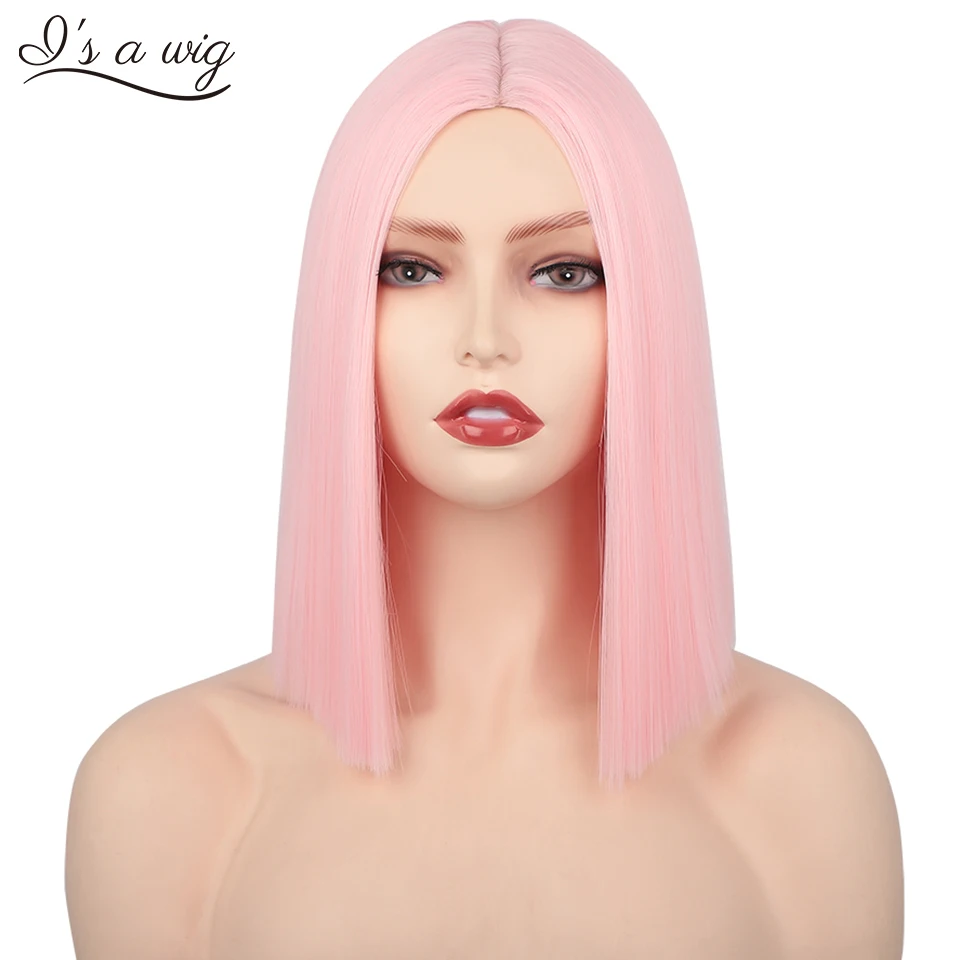 Synthetic Wigs for Women Pink Wig Female Short Straight Bob Wig Middle Part Yellow Blue Purple Blonde White Costume Cosplay Hair