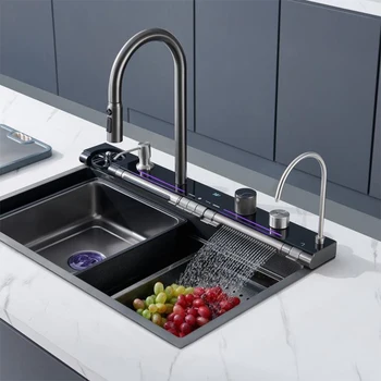 อ่างล้างจานมัลติฟังก์ชั่นดีไซน์ใหม่จอแสดงผลดิจิตอล Blue Whale Dragon Rain อ่างล้างจานเดี่ยวขนาดใหญ่ขนาด 75x46 ซม 1