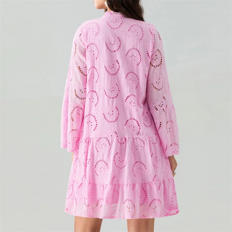 Beach Dress Women Embroidery Lace Eyelet Hollow Out 3/4 Sleeve Single Breasted Mini Dress y2k Vacation Dresses