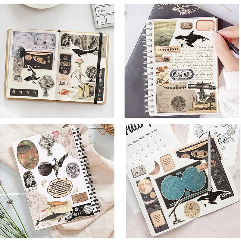 200PCS Vintage Scrapbooking Paper Kit Decorative Astrology Sun Moon Fish Washi Stickers Antique Embellishment Supplies for DIY