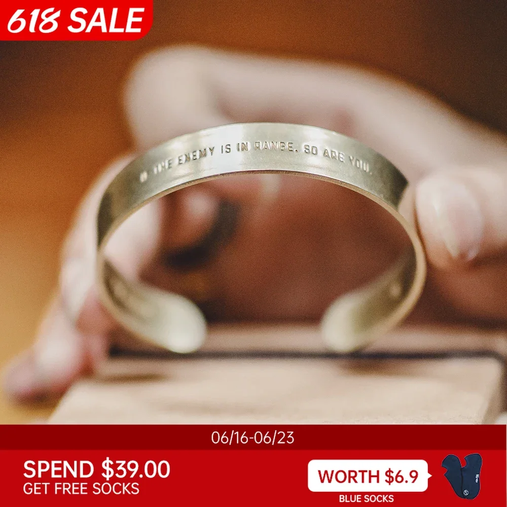 Maden Vintage BLISS Open Polished White Copper Wide Bracelet with Letter Engraved Brass Polished Bracelet Accessories for Men