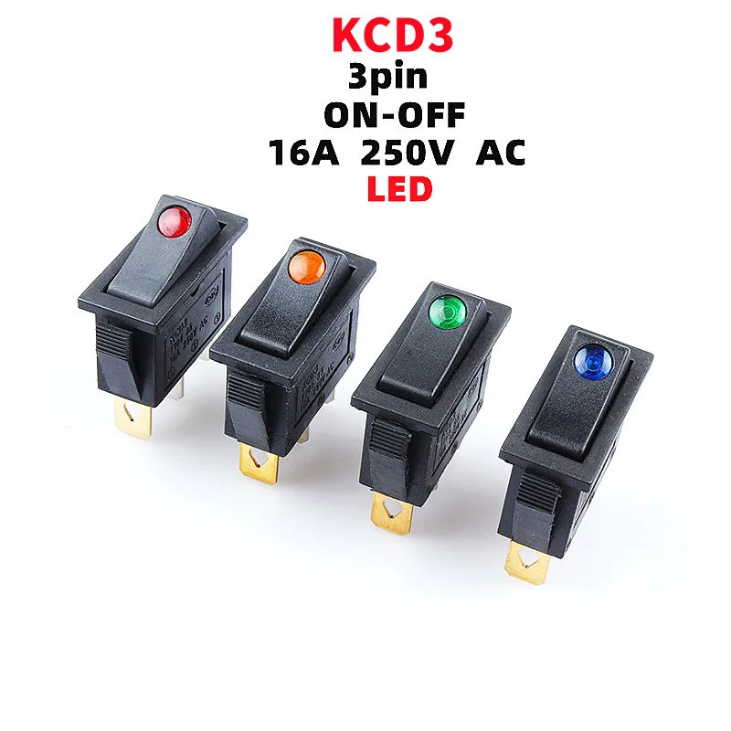 1/5pcs 3-pin rocker button switch KCD3 ON-OFF 2nd gear position mini cat's eye with LED AC 16A 250V copper feet/silver contacts