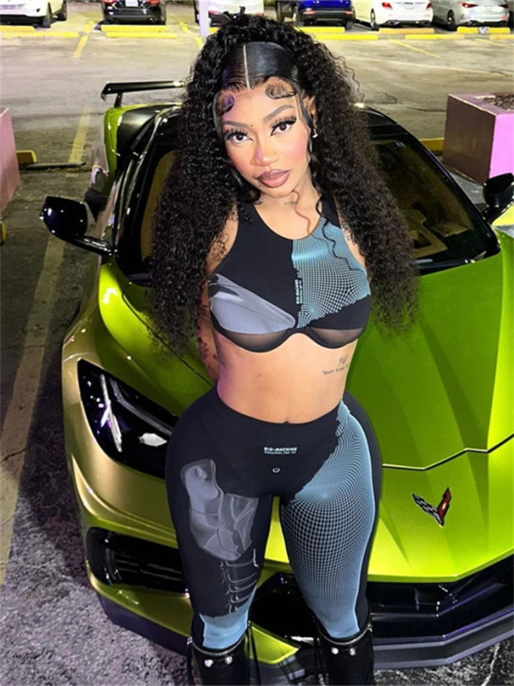 

Akaily весенний черный облегающий комплект из двух предметов с графикой клубный наряд для женщин 2024 короткий топ без рукавов брюки Комплекты Женские повседневные Костюмы