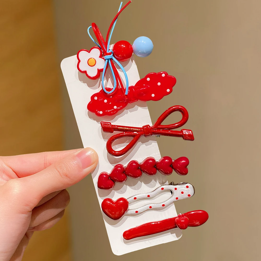 6피스 멀티 스타일 헤어 클립: 하트 물방울 무늬/리본, 모든 상황에 적합, 모든..