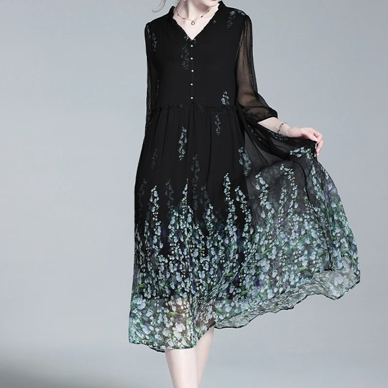 EVNISI-Elegant-Women-Black-Chiffon-Dress-V-neck-Lantern-Sleeve-Floral ...