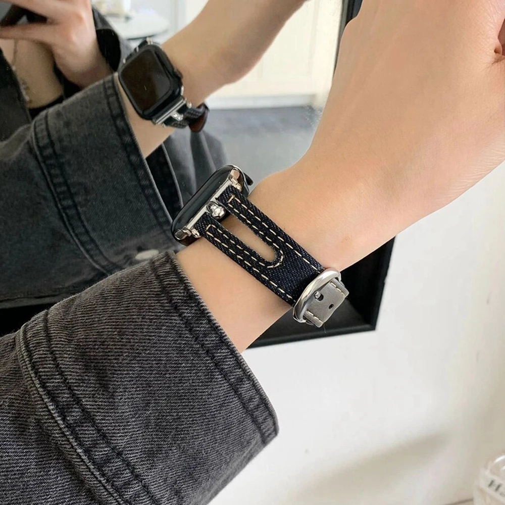 รูปสินค้า สายนาฬิกาผ้า denim วินเทจ สำหรับ Apple Watch ผู้หญิง
