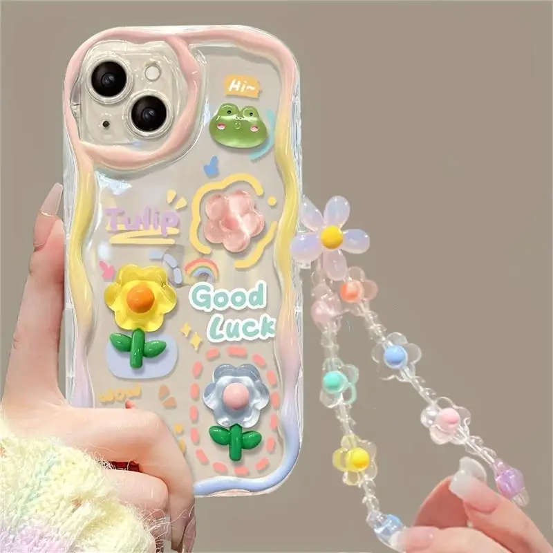 Cute Bear Pattern Flower Hang Chain Clear Soft Phone Case