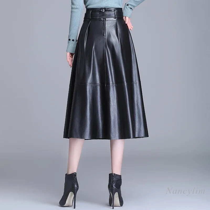 Midi Leather Skirt Woman 2024 Autumn and Winter New Real Leather Skirt Mid-Length Skirt High Waist Swing Sheepskin A- Line Falda genuine leather belts for women second layer cowskin woman belt vintage pin buckle strap jeans