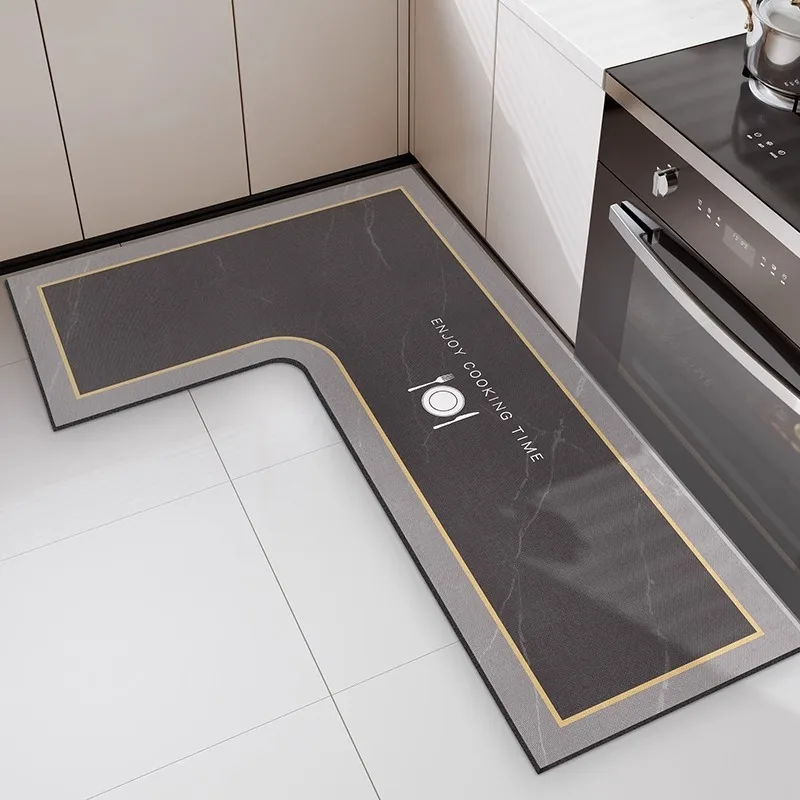 Leather Kitchen Mat Modern Light Luxury Waterproof Oil-proof L-shaped PVC Carpet Wipeable Special-shaped Rugs Tapete De Cozinha