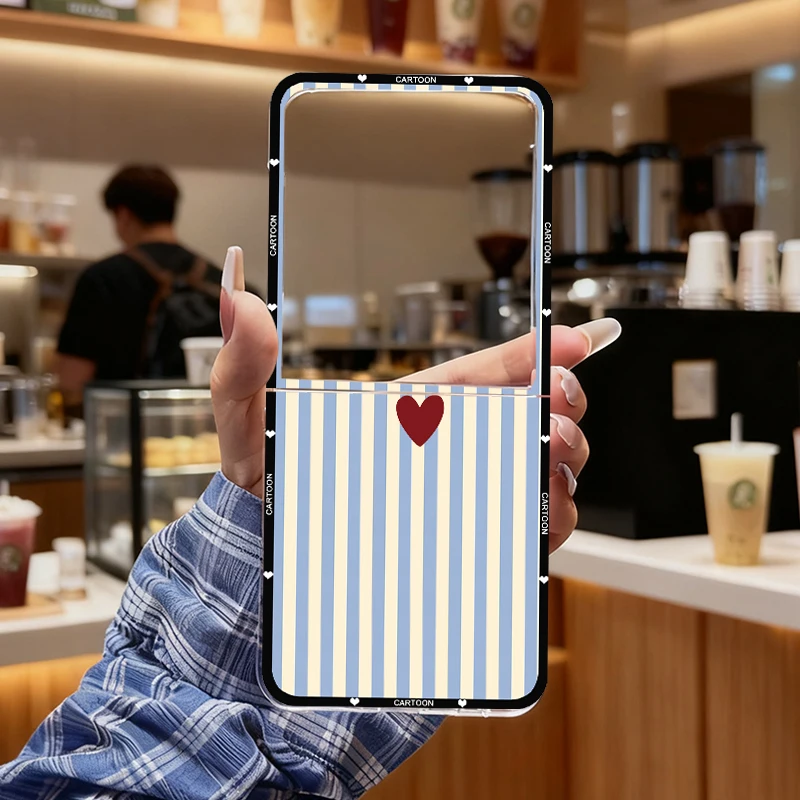 Korean Cute Heart Fresh Phone Case - Pink Blue Striped Clear Cover