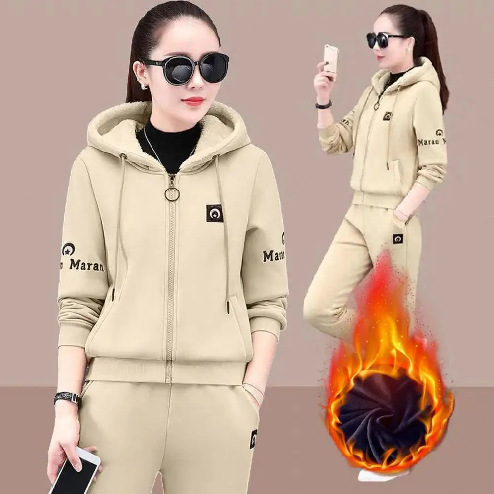 

Fashion Women Suit Winter Tracksuit Casual Letter Embroidery Thick Plush Long Sleeve Zipper Closure Hooded Pants Tracksuit Set