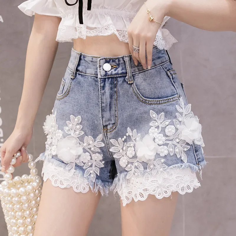 Women's 2023 Summer New High-waist Loose-fitting Wide-leg Sweet Light Blue Shorts Women Embroidered Flowers Sexy Denim Shorts