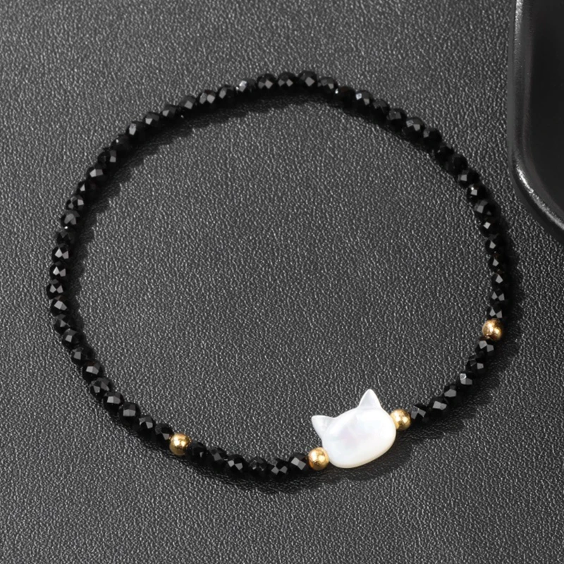 Fashion Natural Shell Cat Charms Bracelet Women Black Beads Bracelet Cute  Handmade Bangles Stretch Jewelry Female Accessories