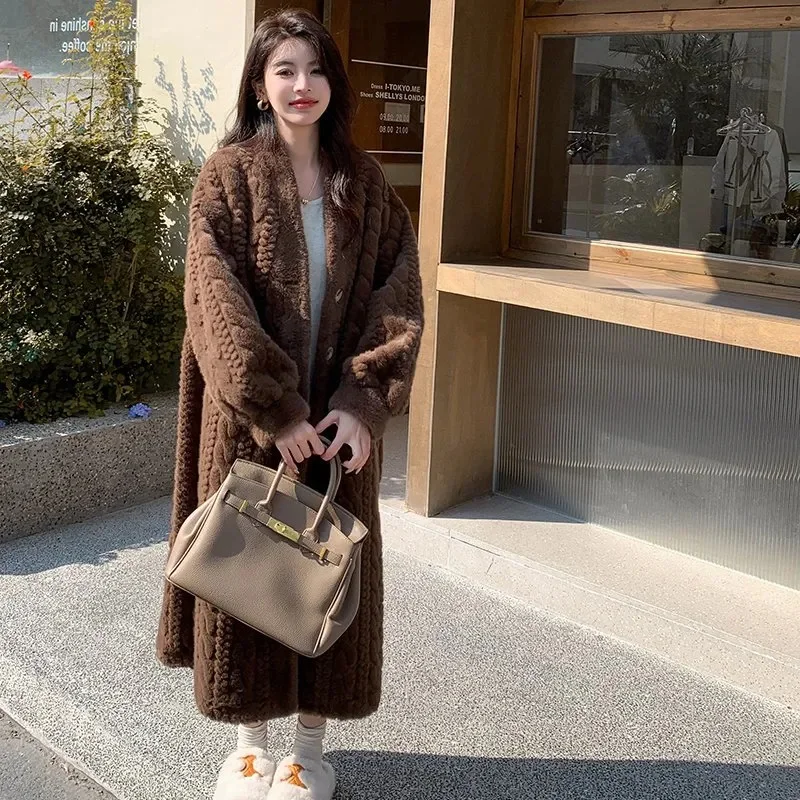  2025 Winter New Thick Women's Long Imitation Mink Plush Cardigan With Integrated Fur Eco-Friendly Hooded Fur Coat Solid Color
