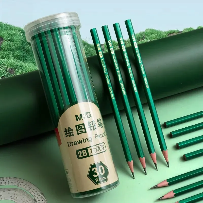 Morning Light (M&G) Stationery 2B Pencils 30-Pack - Classic Green Barreled Hexagonal Wooden Pencils 2