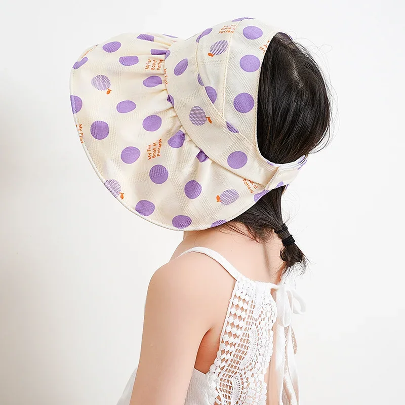 Summer Korean Cute Fashion Kids Foldable Dot Sun Protector Hats Baby Beach Outdoor with Windproof Rope Baseball Caps Headband