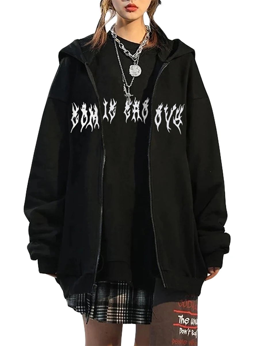 

Women Loose Hood Sweatshirt, Animal Skeleton Print Long Sleeve Zipper Closure Coat for Spring Autumn