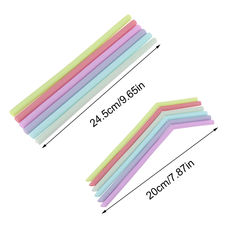 Set of 6 Multicolor Reusable Silicone Drinking Straws - Food Grade, Straight & Bent