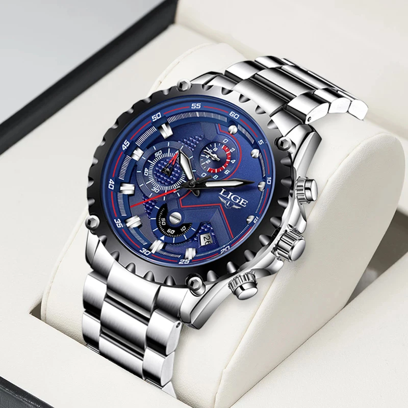 2022 LIGE Top Brand Luxury Fashion Mens Watches Silver Stainless Steel 30m Waterproof Quartz Watch Men Army Military Chronograph