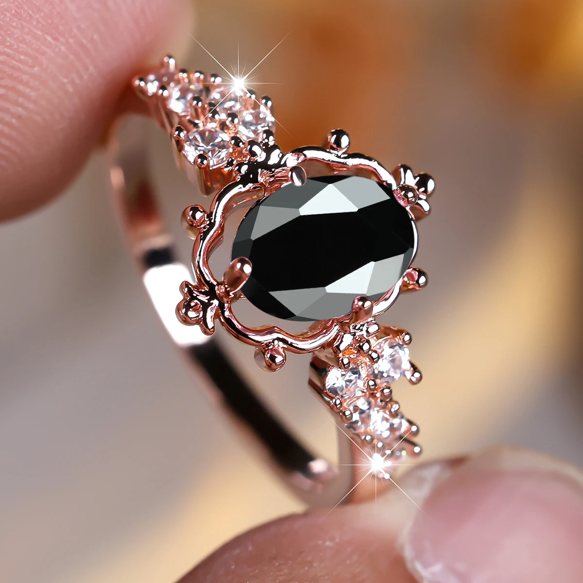 Vintage Black Crystal Zircon Oval Stone Flower Rings For Women Rose Gold Color Wedding Ring Bridal Jewelry Engagement Band Gifts