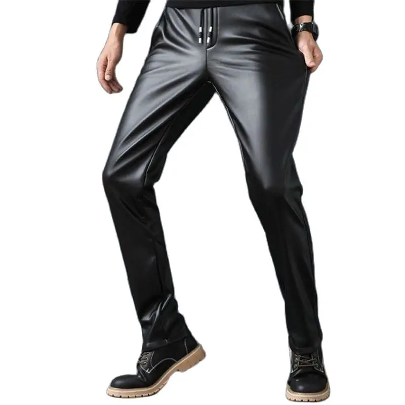 

Man Hot Sale Leather Pants Velvet Slim Pu Trousers Warm High Elastic Motorcycle Pant Male Thick Skinny PU pantalons Capris