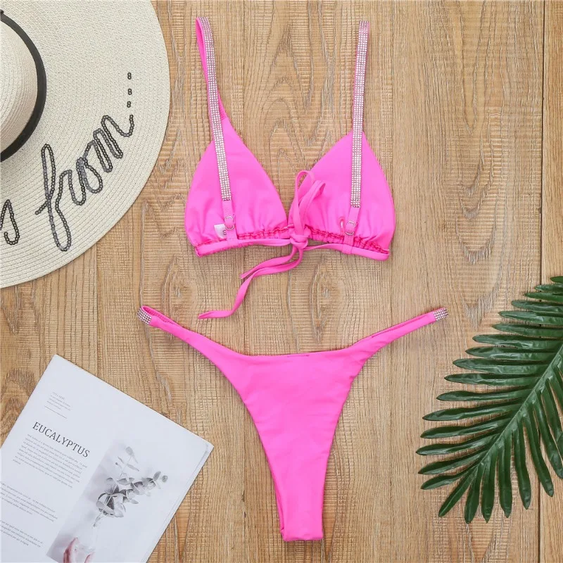 Sexy 2 Piece Bikini Set for Women String Tie Triangle Thong Sparkly Metallic Shiny Swimsuit