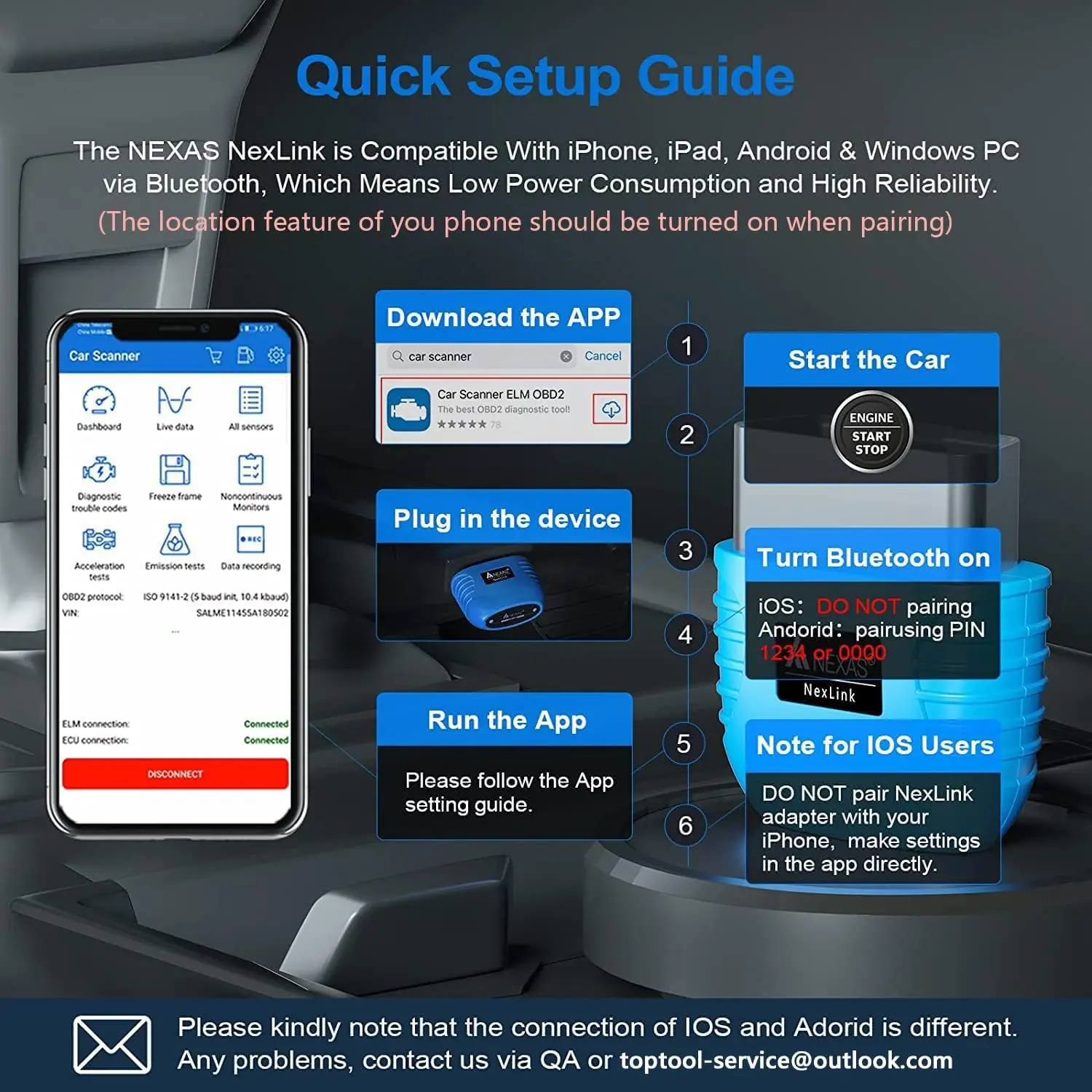 NEXAS Bluetooth OBD2 Scanner EOBD Motorcycle Car Diagnostic Tools Nexlink OBD Scanner Tool Code Reader for iOS Android Windows 3