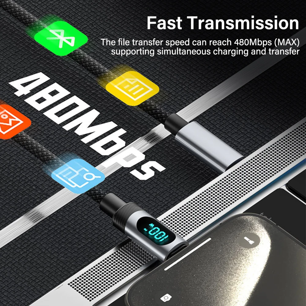 100W 60W USB C 케이블 아이폰 17 16 15 13 11 프로 맥스 Xs 디지털 디스플레이 와이어 PD 27W 고속 충전 타입 C 라이트닝 데이터 케이블
