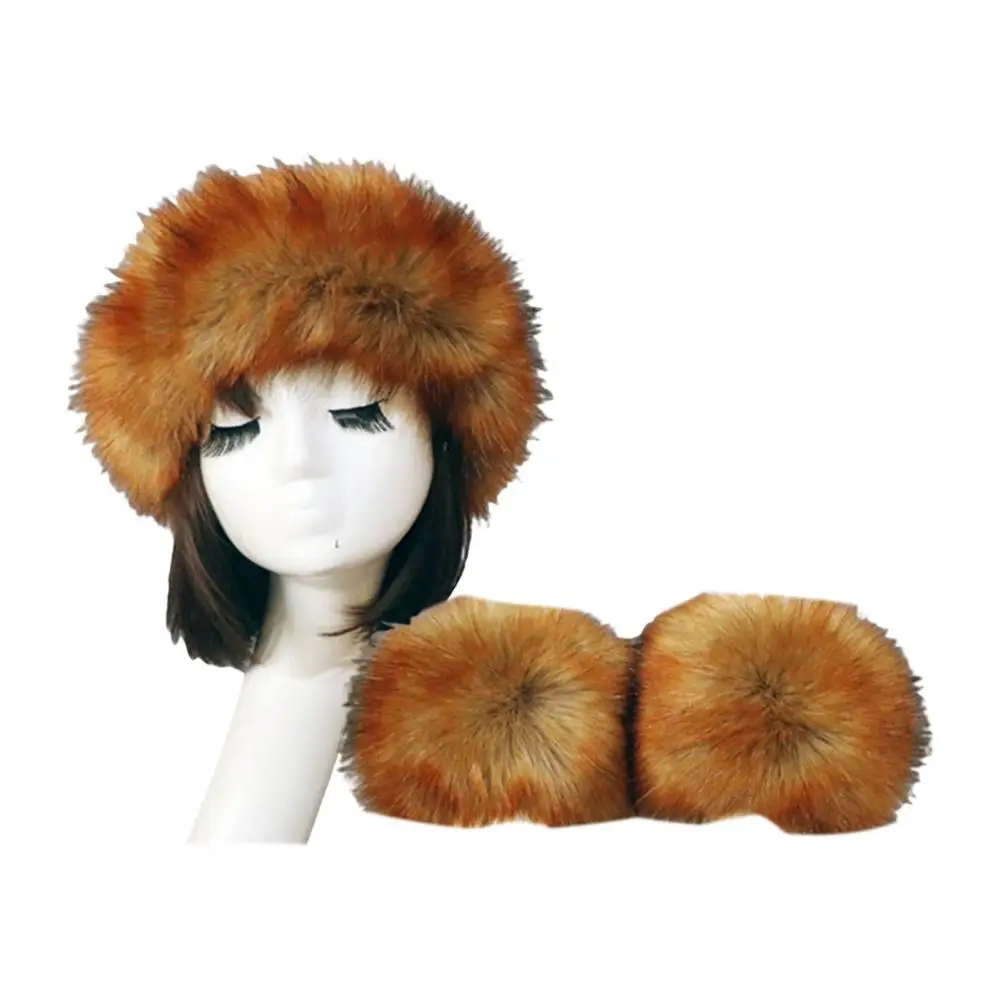 

1 Set Winter Cap Cuffs Set Solid Color Fluffy Faux Fur Empty Top Soft Keep Warm Elastic Cozy Women Hat Cuffs Set