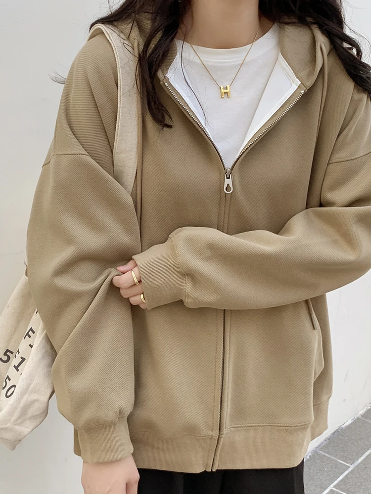 Khaki Velvet Sweatshirts Women Winter Zip Up Hoodies Long Sleeve Loose Casual Pocket Casual Cardigans Korean Fashion Sweatshirts