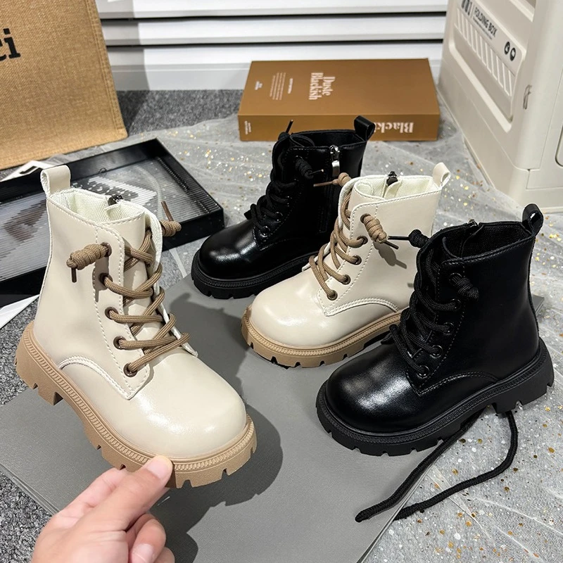 Leather Kids Platform Boots for Girls Black Beige Autumn School
