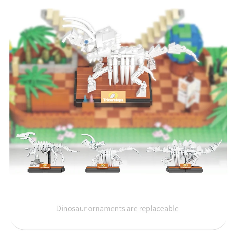 창의적인 거리 풍경 건축 공룡 박물관 미니 블록 도시 스트리트 뷰 화석 골격 빌딩 블록 장난감 선물용