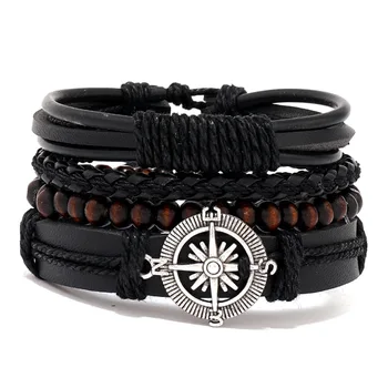 4Pcs/ Set Braided Wrap Leather Bracelets for Men Vintage Life Tree Rudder Charm Wood Beads Ethnic Tribal Wristband Rope Bracelet 6