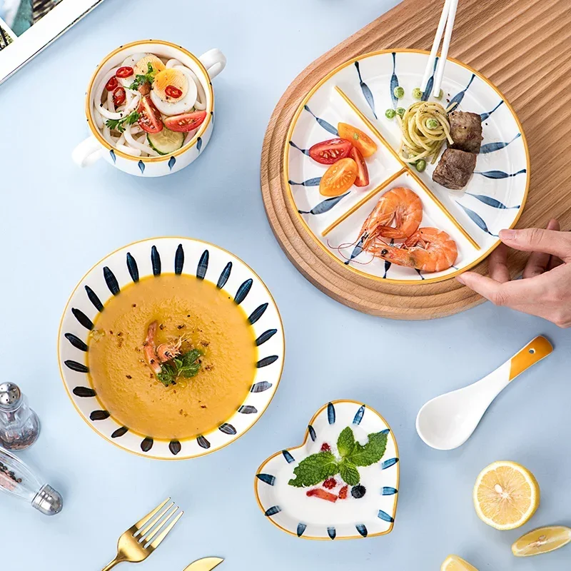 Ceramic Dinner Plate dining dish Japanese Hand Drawn Three Grid 1person Family Breakfast Fat-reducing Quantitative Divider