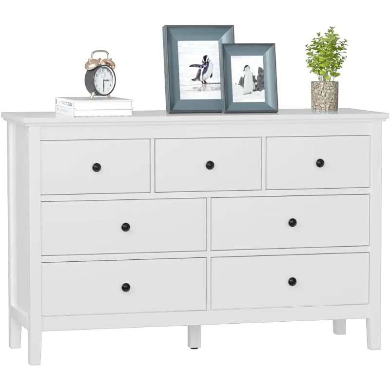

White Modern Dresser for Bedroom, 7 Drawer Double Dresser with Wide Drawer and Metal Handles, Wood Dressers & Chests of Drawers